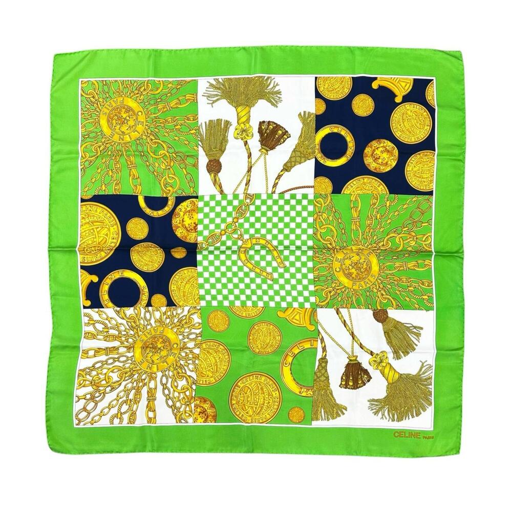 CELINE scarf/muffler, silk, green and gold, for women.